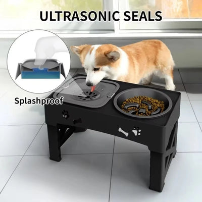 Dog using a black elevated pet feeder with ultrasonic seals and splashproof design.