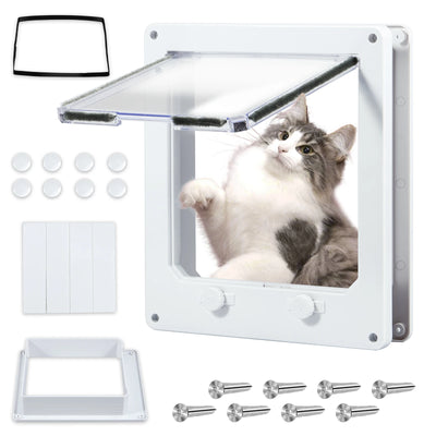 Cat flap with a cat inside, tools, and screws on a white background