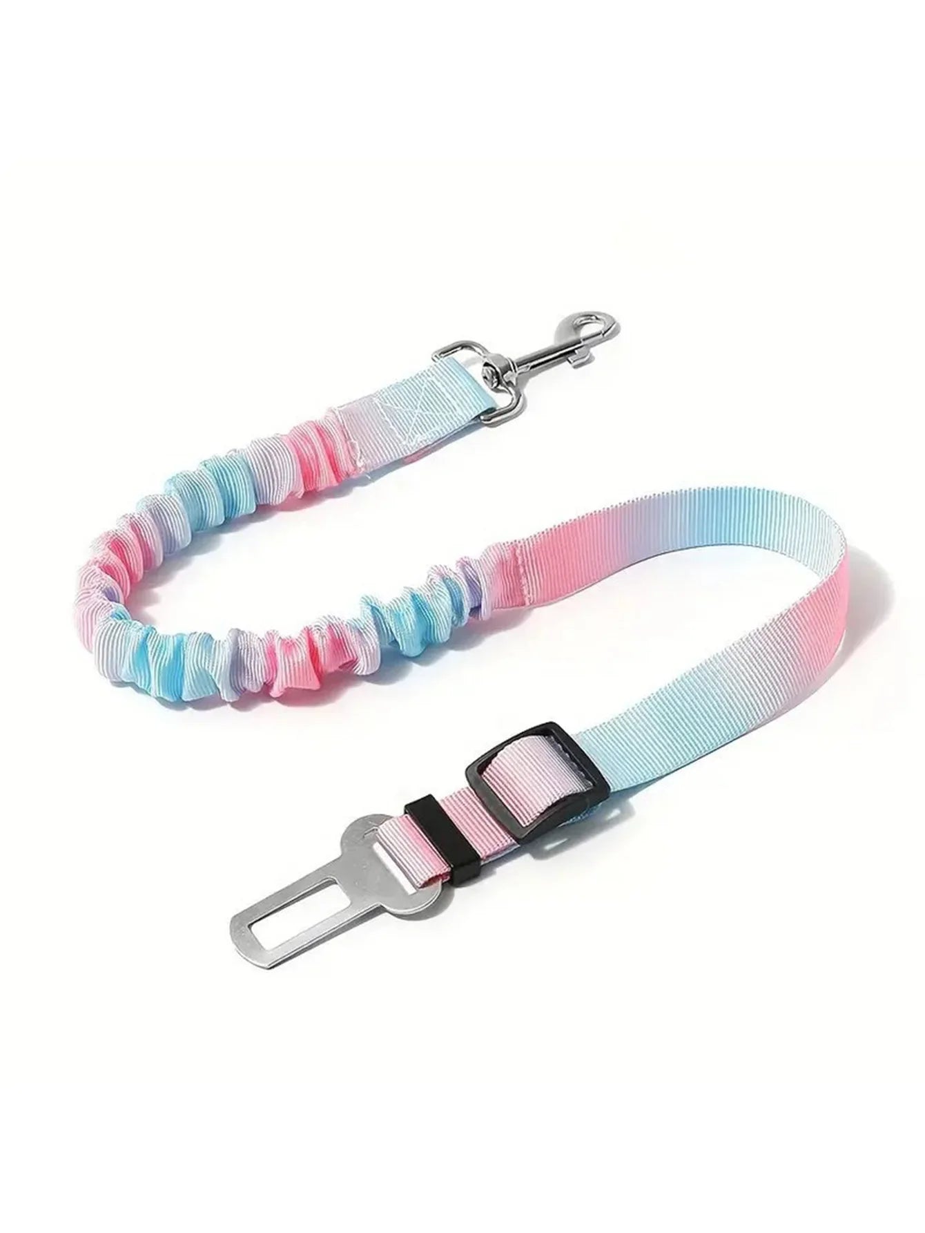 Colorful dog leash with a car seat belt clip on a white background