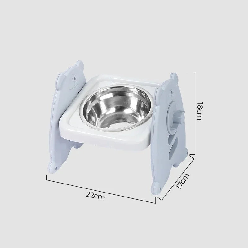 Pet bowl with stand and dimensions on a white background