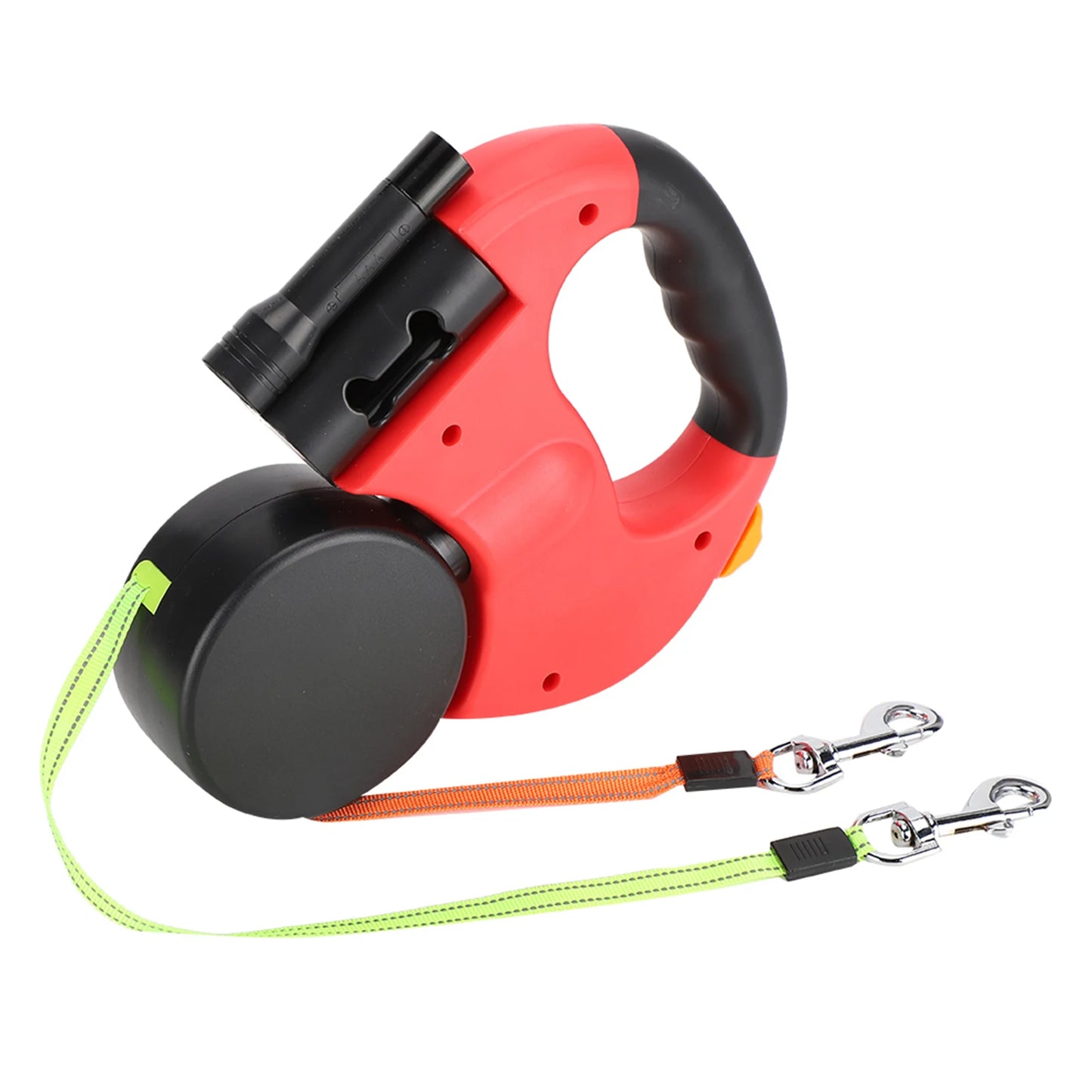 Red and black retractable dog leash with green and orange options