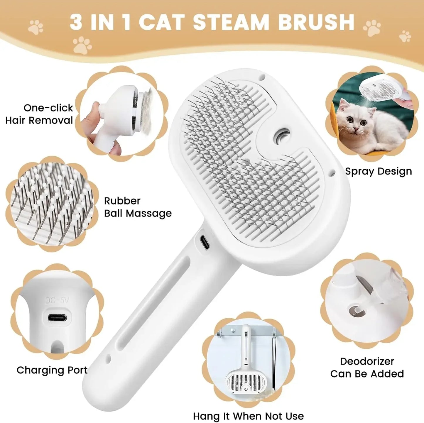 3-in-1 cat steam brush with various features highlighted on a beige background