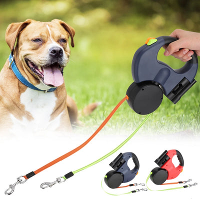 Dog on grass with a retractable dog leash and handle in hand