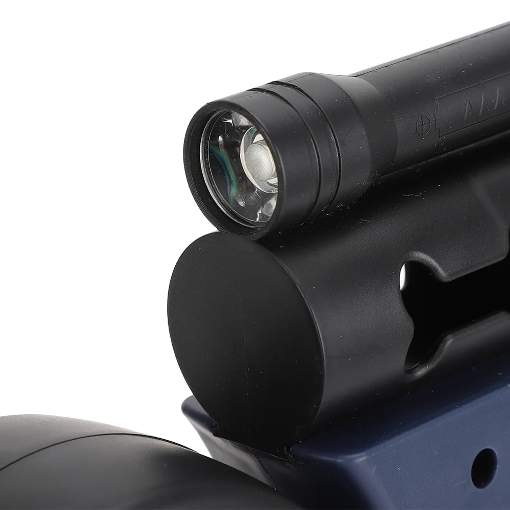 Black flashlight attached to a rifle on a white background