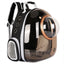 Black pet backpack with transparent front and rose gold accents on a white background