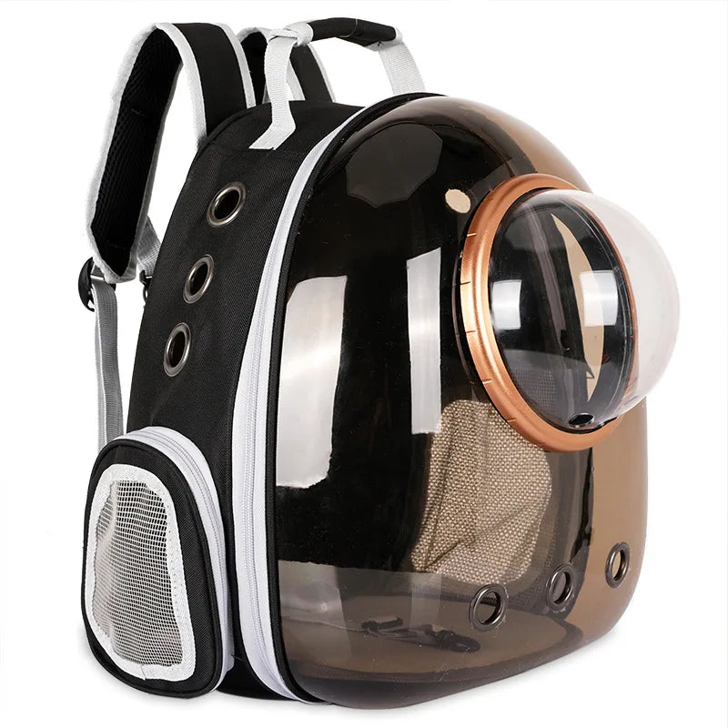 Black pet backpack with transparent front and rose gold accents on a white background
