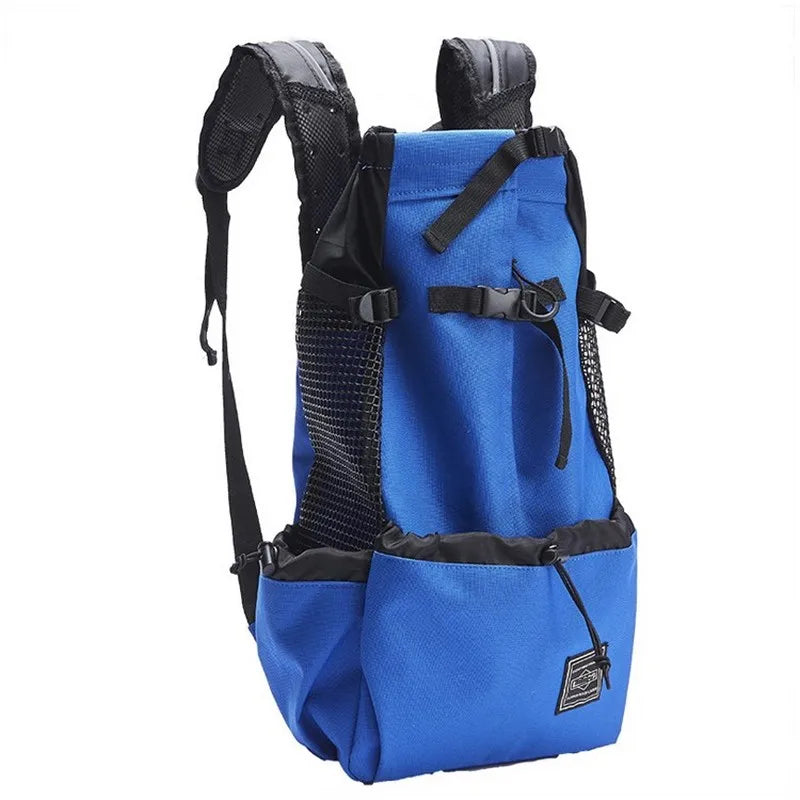 Blue backpack with black straps on a white background