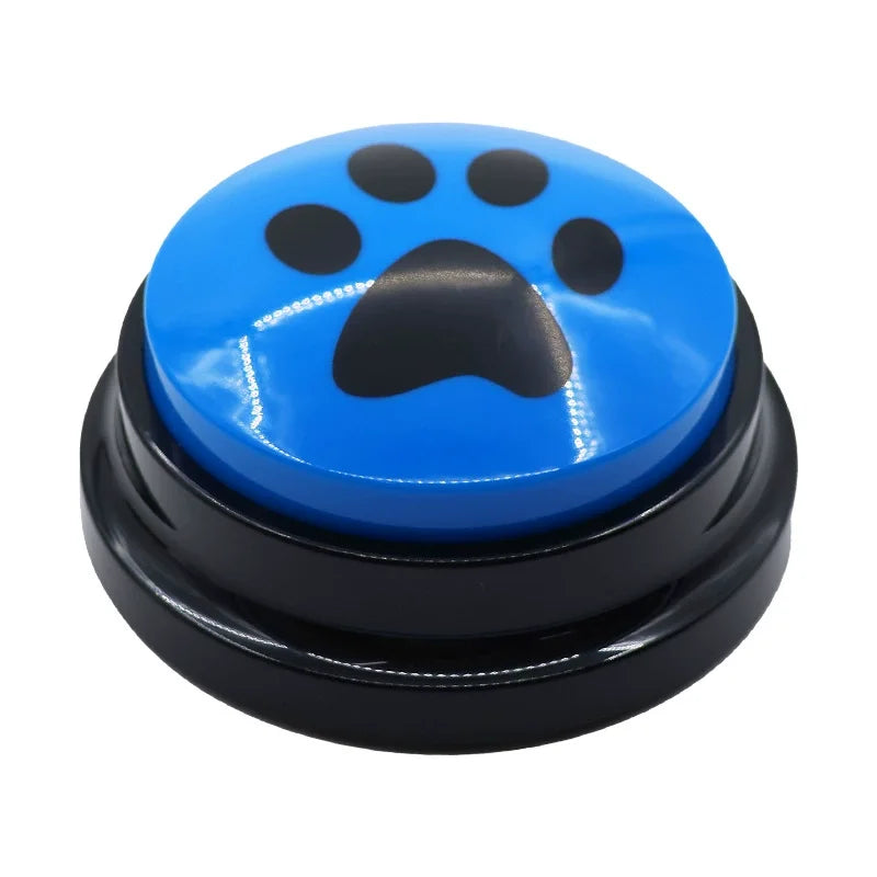 Blue button with a black paw print design on a white background