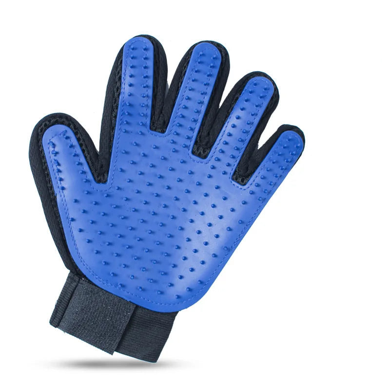 Blue grooming glove with black accents on a white background
