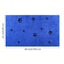 Blue mat with black paw and bone prints, dimensions indicated on a white background