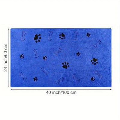 Blue mat with black paw and bone prints, dimensions indicated on a white background