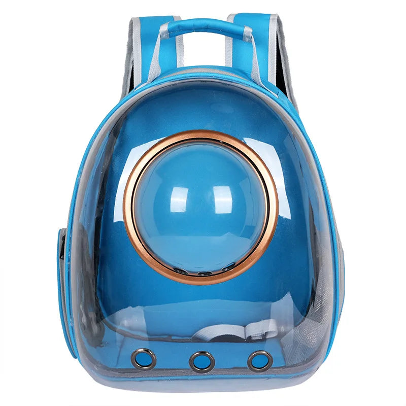 Blue pet backpack with a clear front and gold accents on a white background