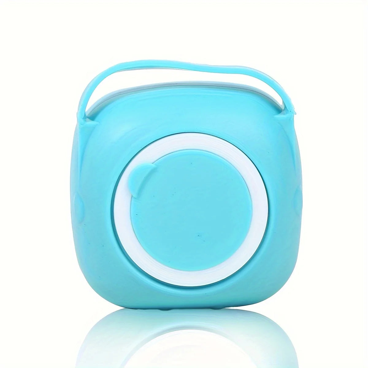 Blue portable speaker with a circular design on a white background