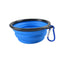 Blue silicone travel bowl with black rim and blue carabiner on a white background
