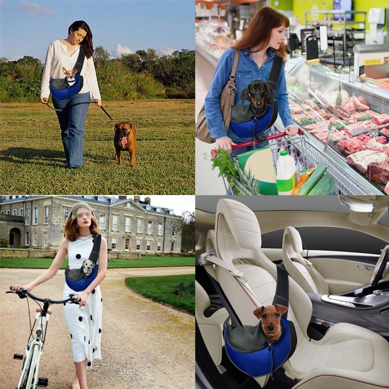 Woman using a dog carrier in various settings including outdoors, grocery store, and car.