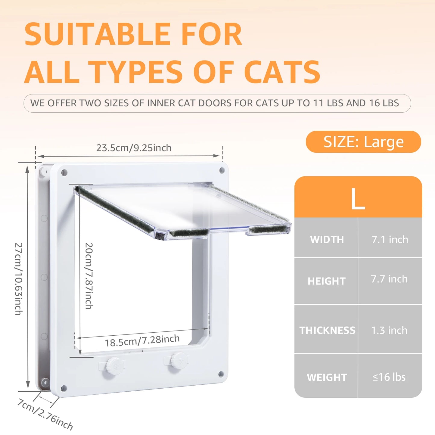 Cat door with dimensions and weight capacity information on a white background