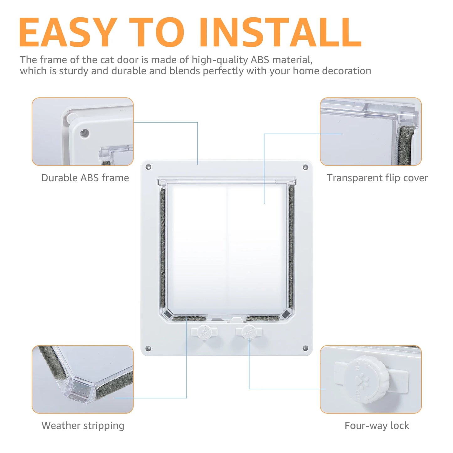 Cat door with durable ABS frame, transparent flip cover, weather stripping, and four-way lock on a white background.
