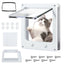 Cat flap with a cat inside, tools, and screws on a white background