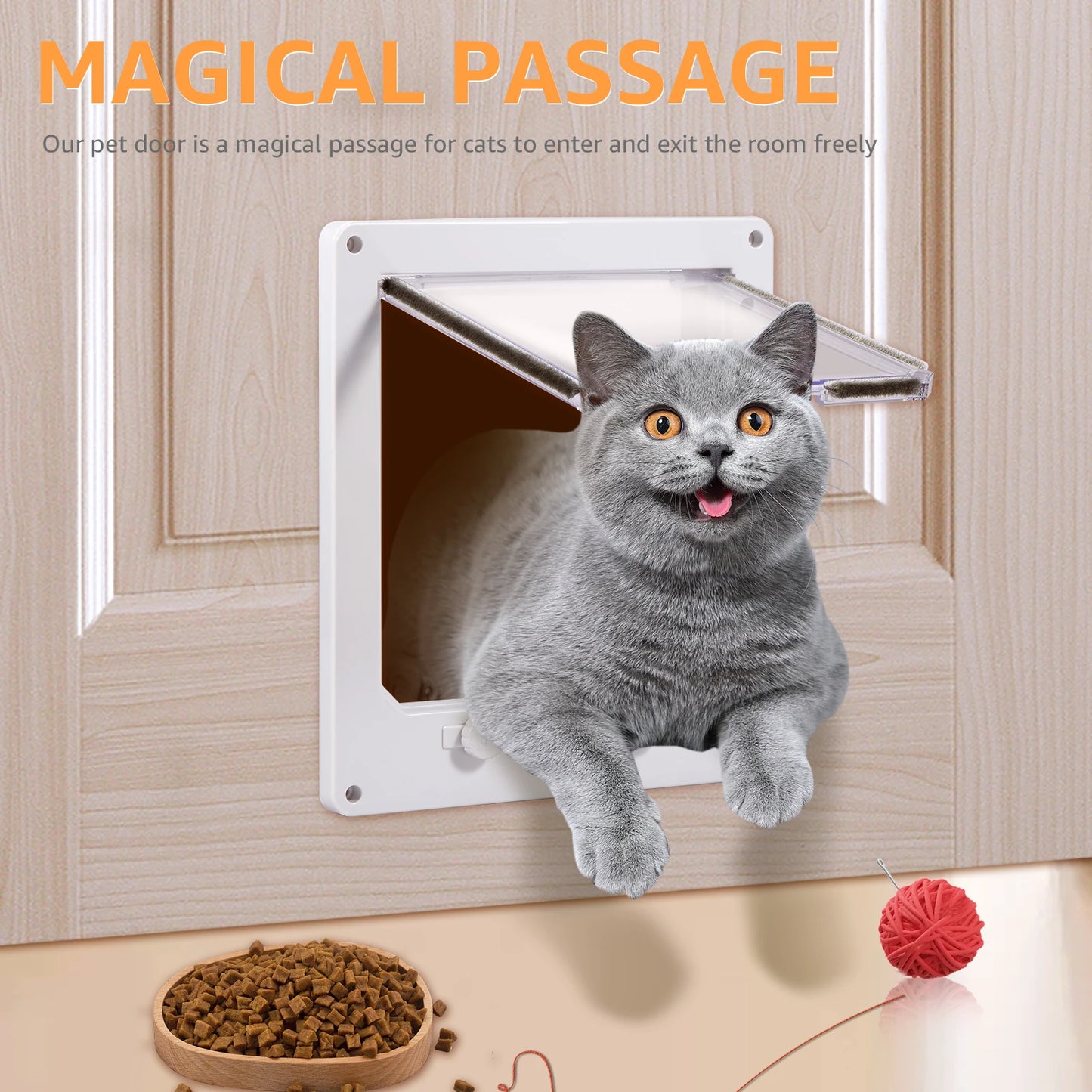 Cat using a pet door with 'Magical Passage' text above