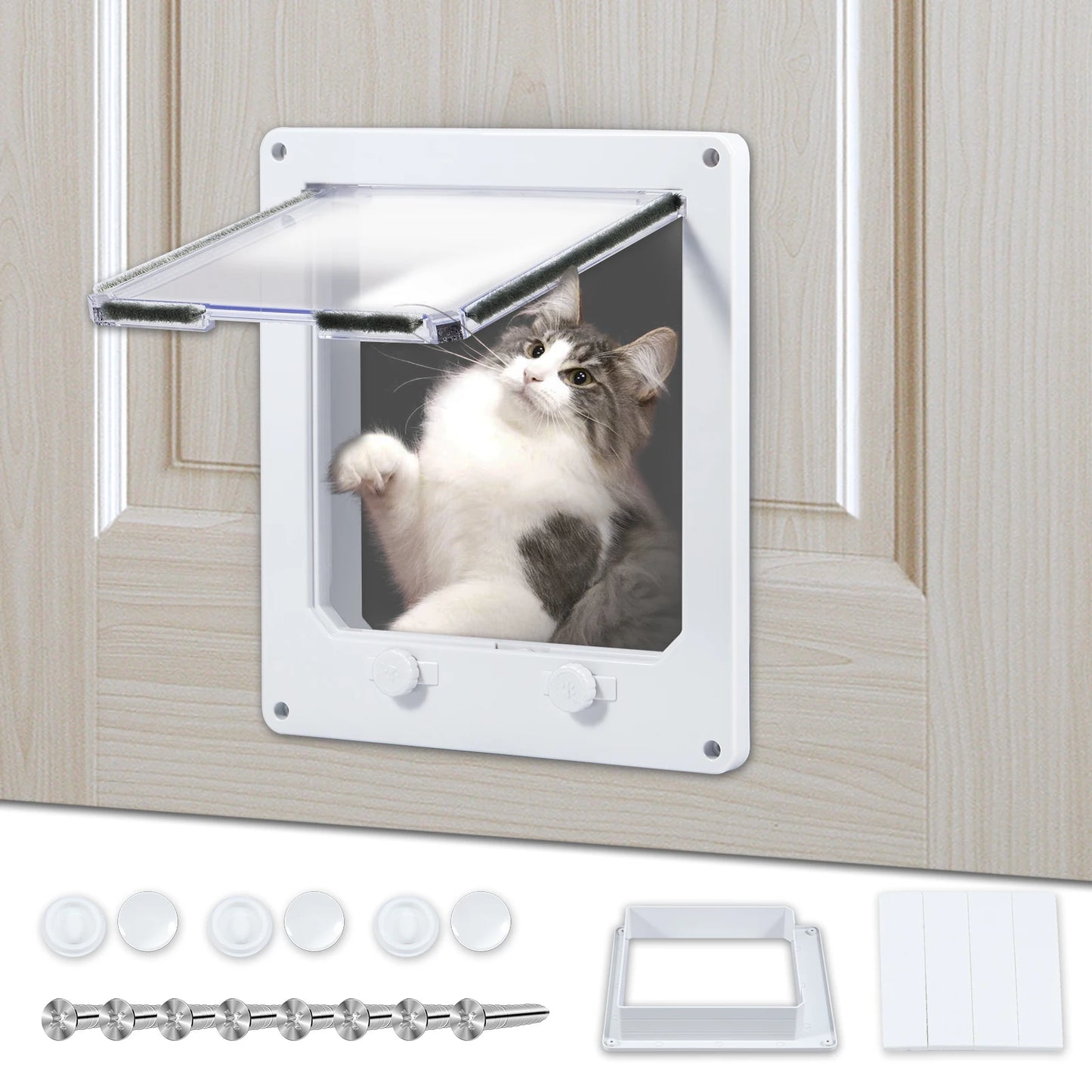 Cat using a pet door with additional hardware components on a wooden door background