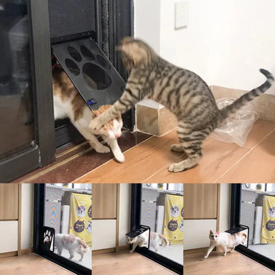 Cat using a pet door, with additional images of the pet door in use.