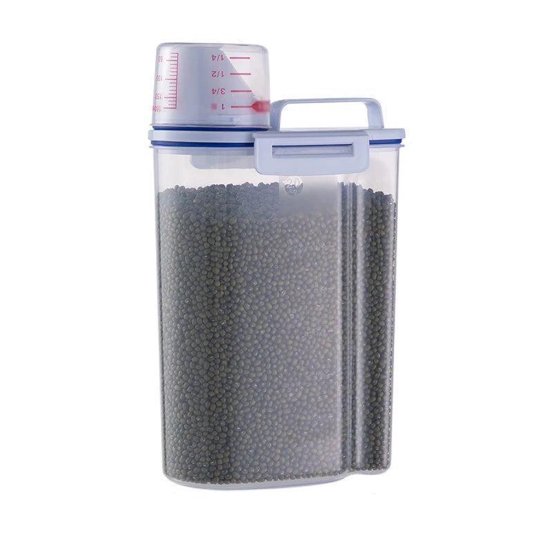 Clear container with blue lid filled with gray beads on a white background