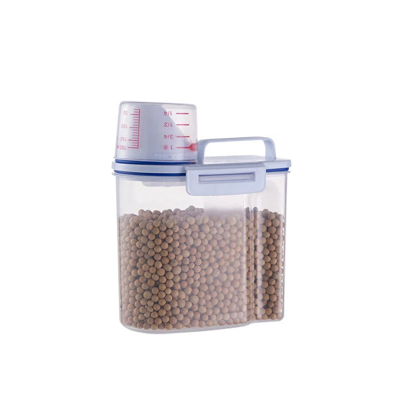 Clear container with lid and measuring cup on a white background