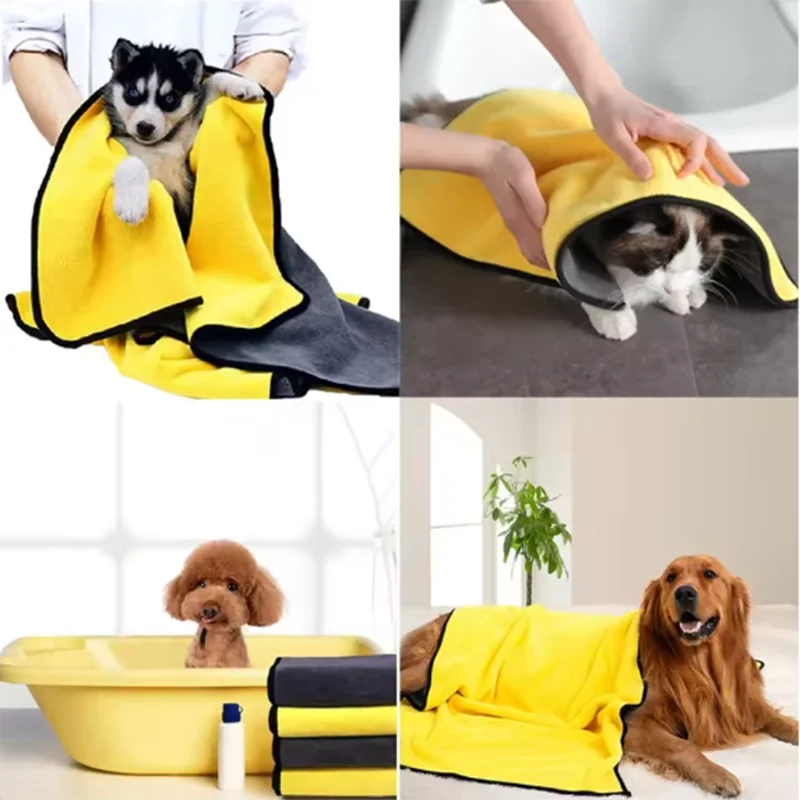 Collage of a yellow pet towel being used on various pets in different settings.