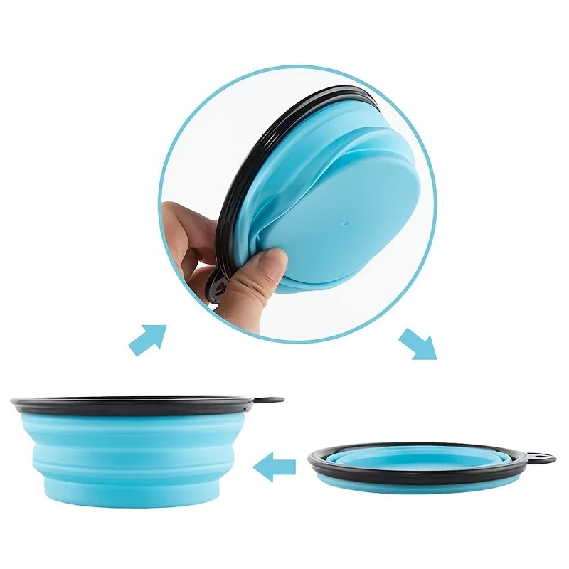 Collapsible blue pet bowl with black rim, shown in expanded and collapsed states.