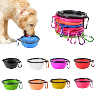 Collapsible dog bowls in various colors with a carrying case on a white background