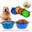 Collapsible pet bowls in various colors with a dog and cat, and pet food.
