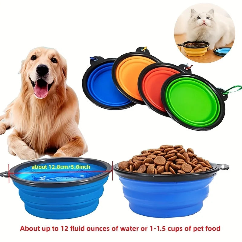 Collapsible pet bowls in various colors with a dog and cat, and pet food.