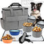 Collection of pet travel accessories including a gray pet carrier, food bowls, and a water bottle on a white background.