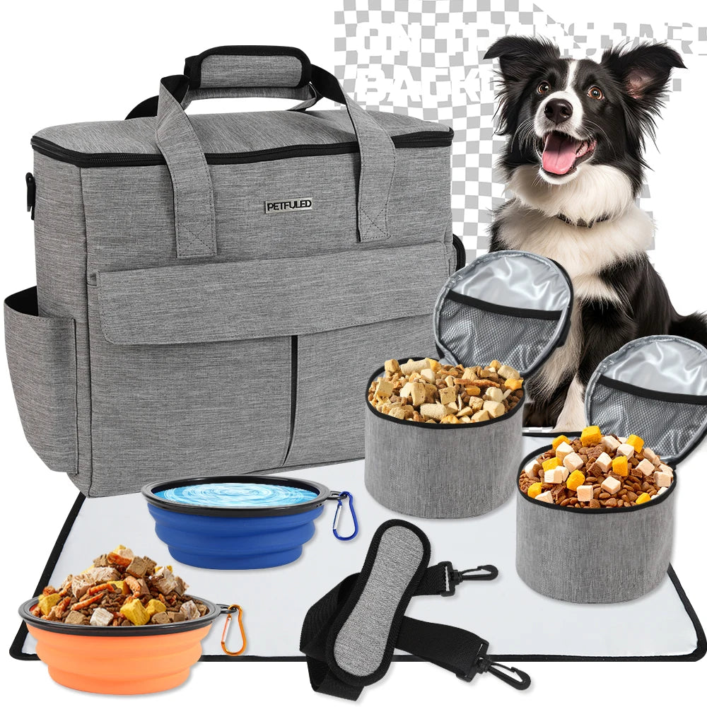 Collection of pet travel accessories including a gray pet carrier, food bowls, and a water bottle on a white background.