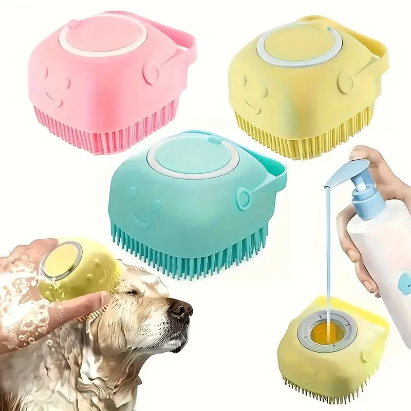Colorful pet grooming tools with a dog being groomed and a hand holding a bottle.