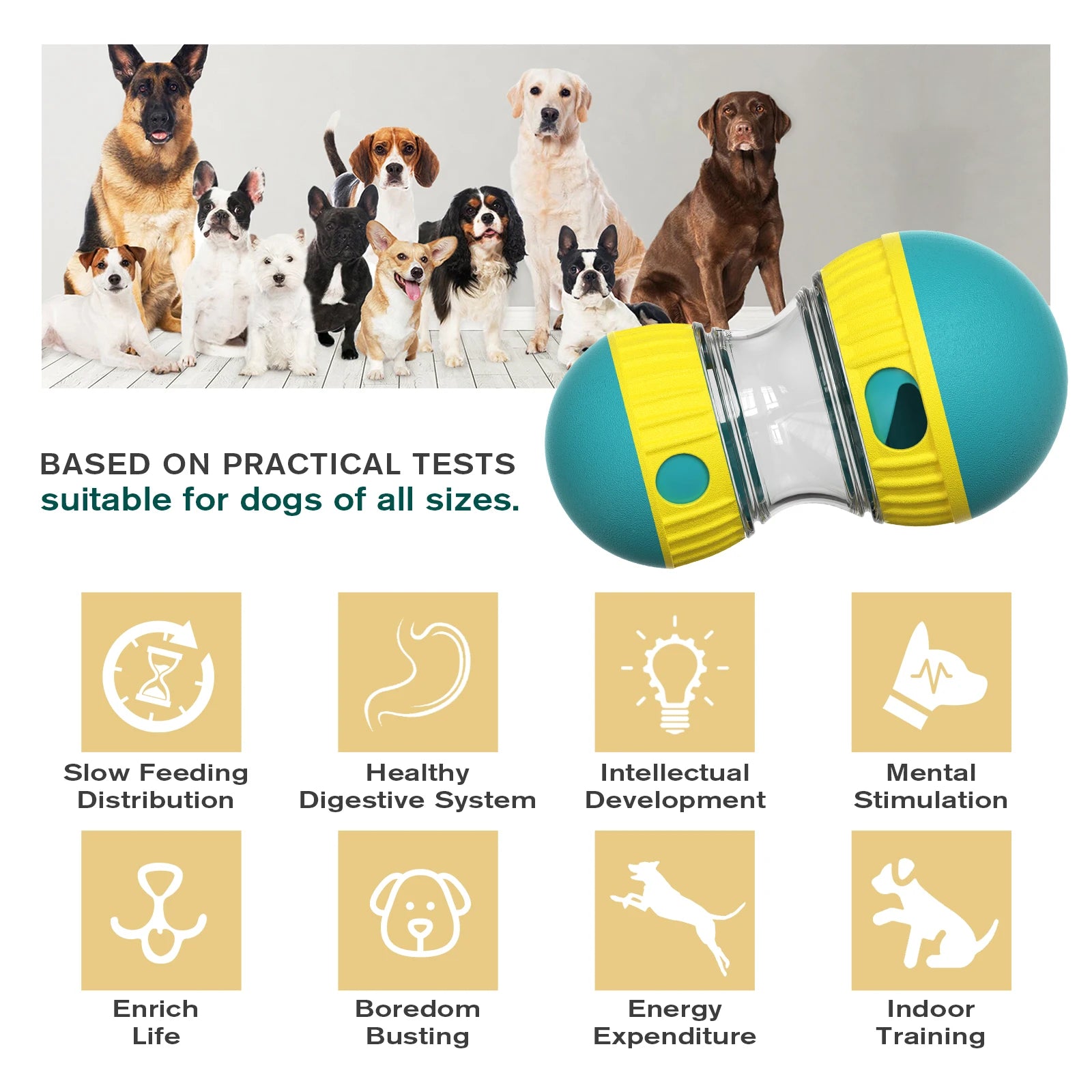 Dog toy with text and icons indicating its benefits for dogs' well-being.