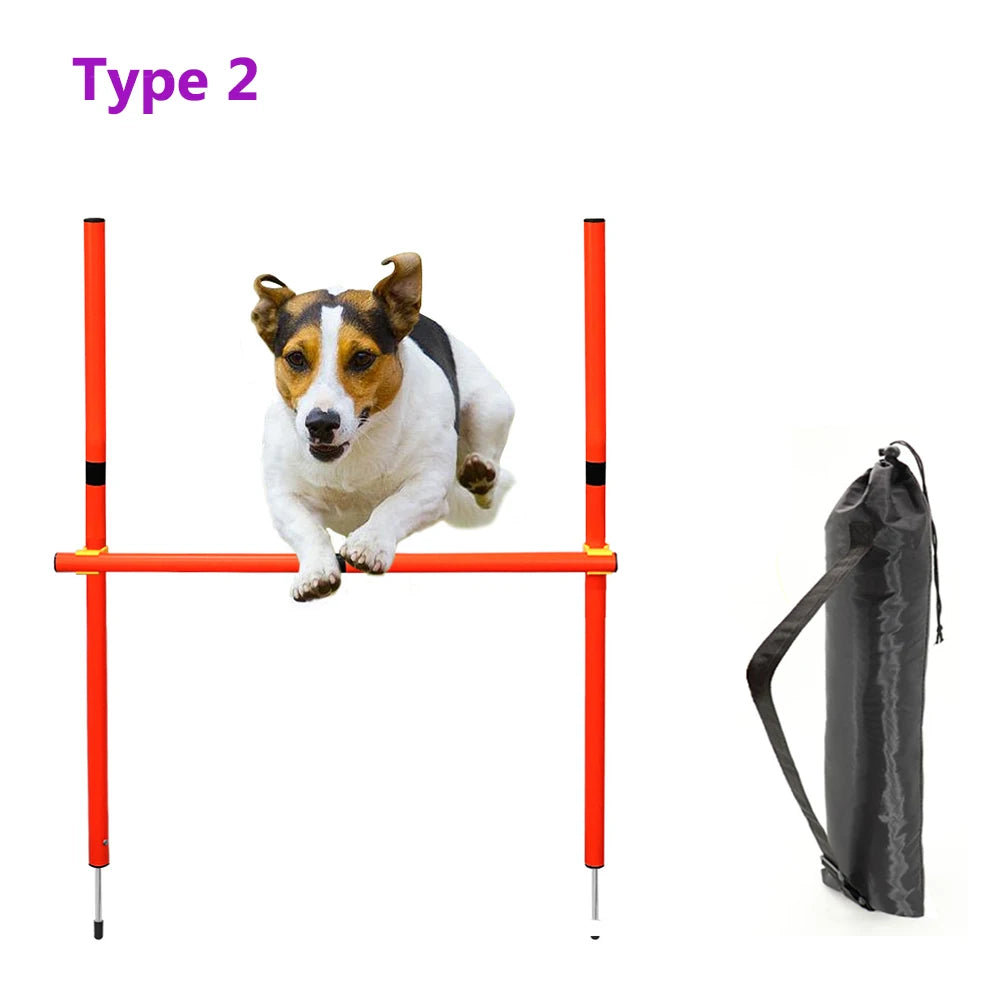 Dog agility hurdle with a dog on top and a carrying bag on a white background