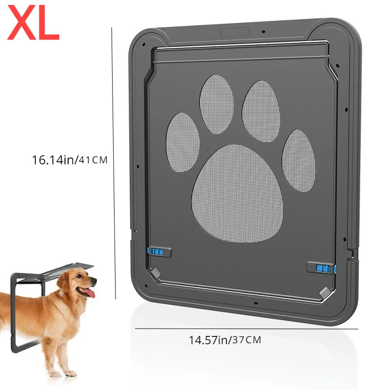 Dog door with paw print design and size measurements on a white background