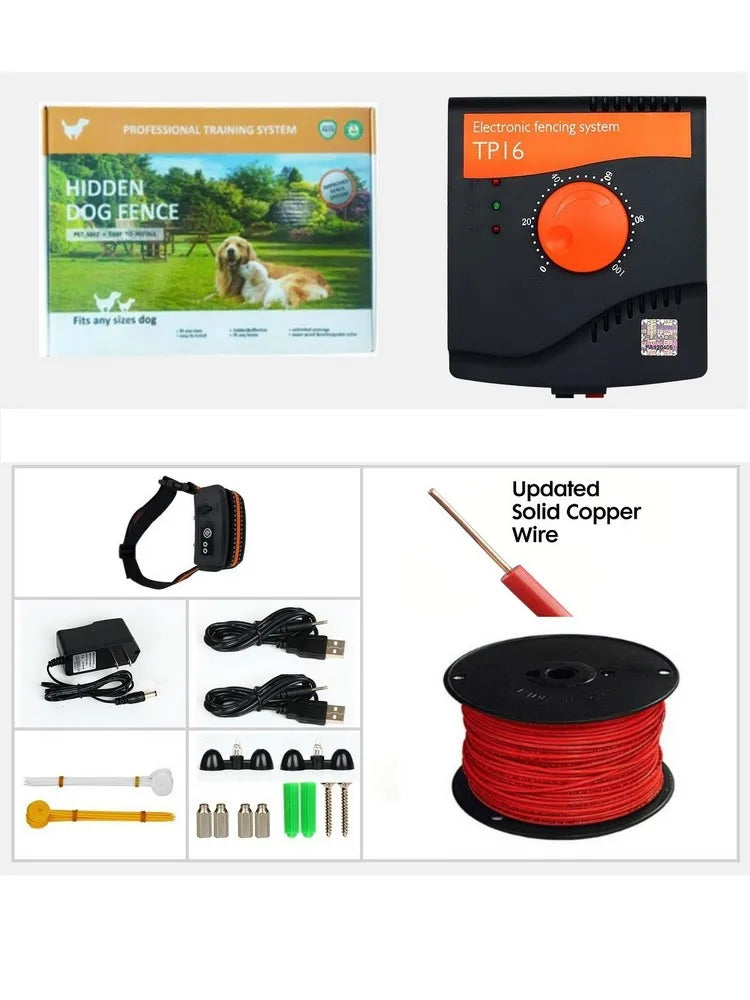 Dog fence system components including a transmitter, receiver, and accessories on a white background.