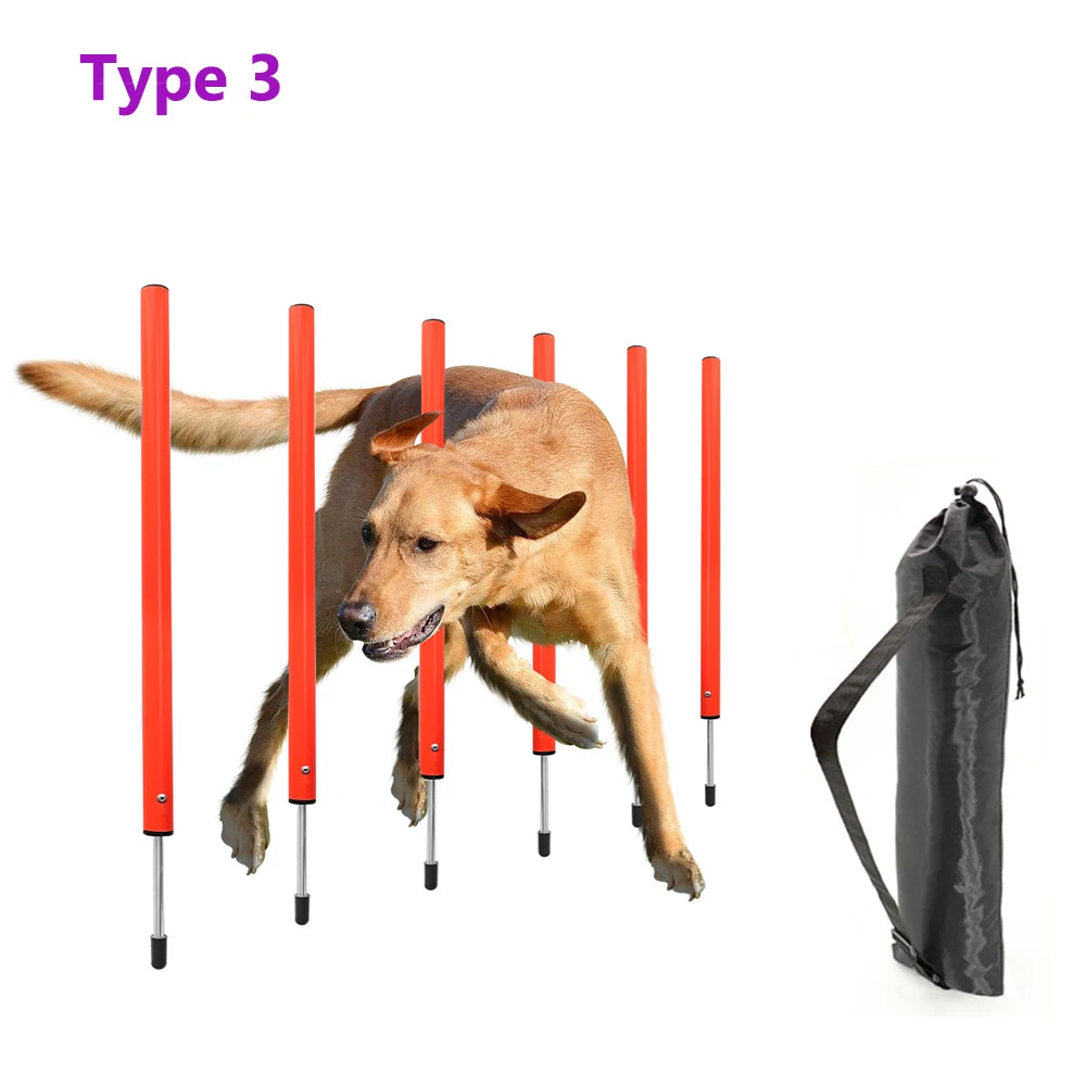 Dog jumping over an orange agility bar with a carrying case on a white background