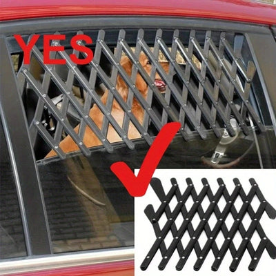 Dog safety gate in a car window with a 'YES' and checkmark, inset showing the gate's design.