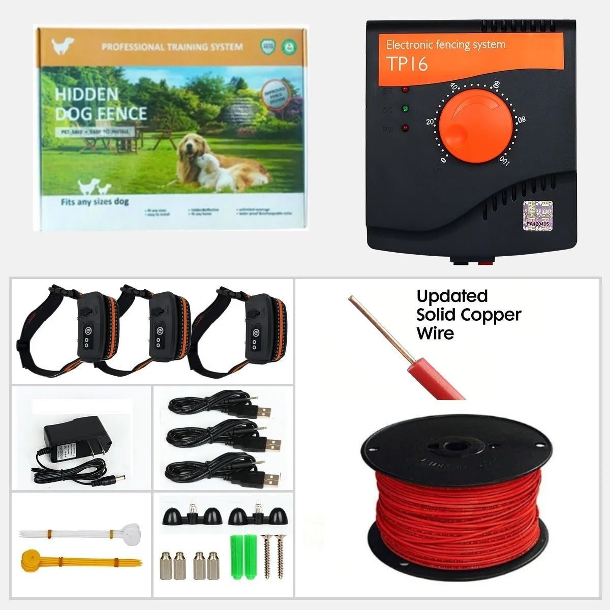 Dog training system components including a controller, collars, and wire on a white background.
