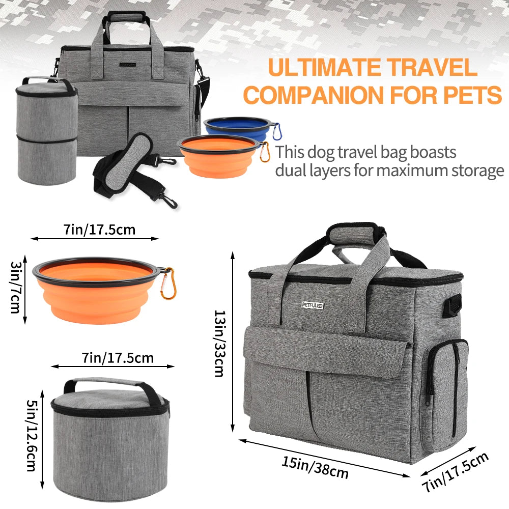 Dog travel bag with accessories and dimensions on a gray background