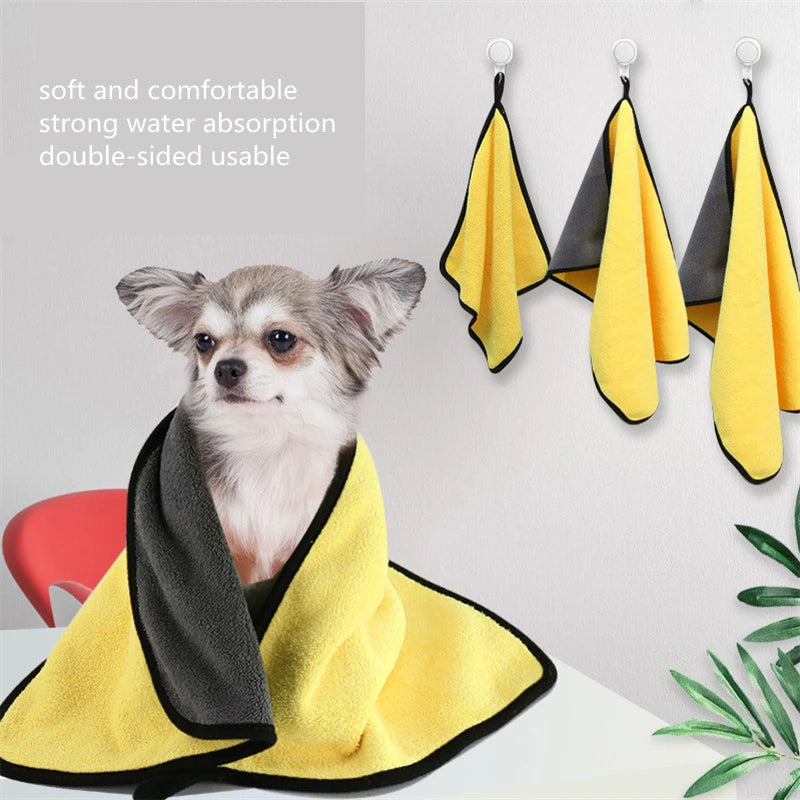 Dog wrapped in a yellow and black towel with hanging towels in the background