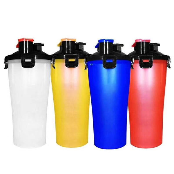 Four colorful shaker bottles in white, yellow, blue, and red on a white background.