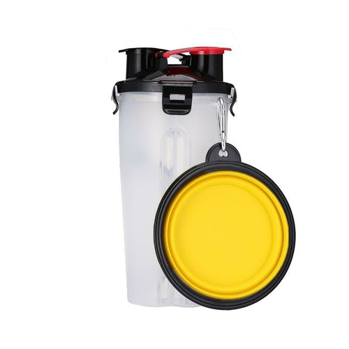 Clear water bottle with yellow cap and black lid on a white background