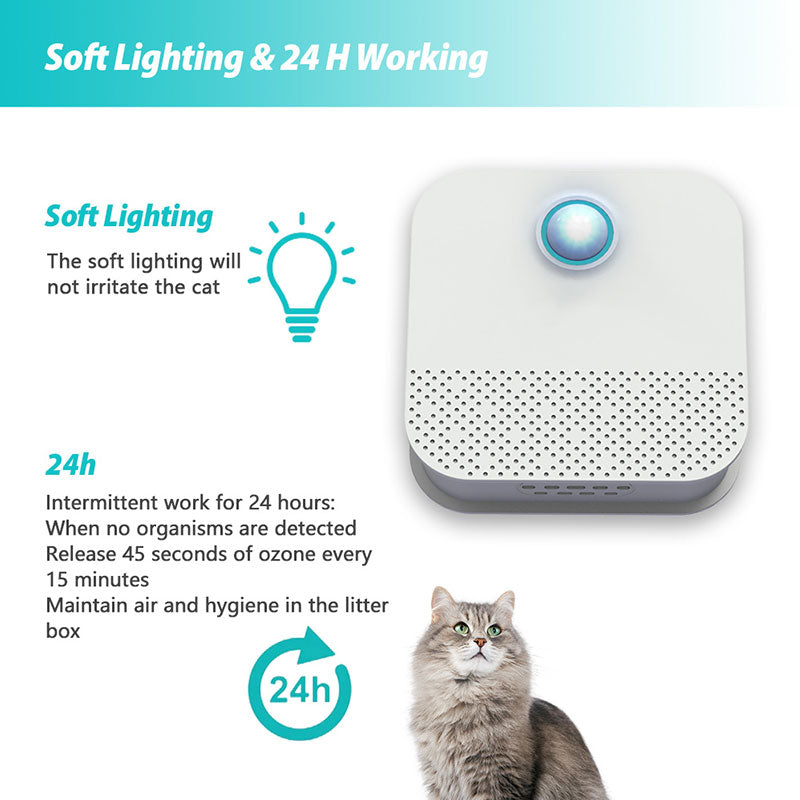 Product for maintaining air and hygiene in a litter box with a cat on a white background