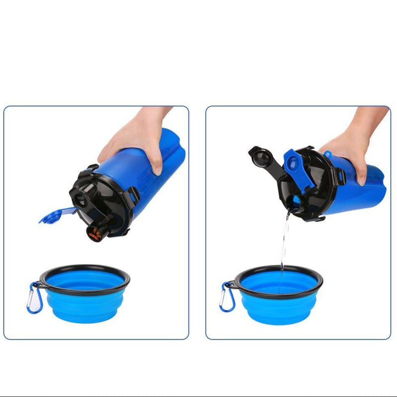 2-in-1 dual chambered hydration bottle with a hand holding it and pouring water into a small bowl.