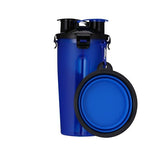 Blue water bottle with black cap and matching blue bowl 
