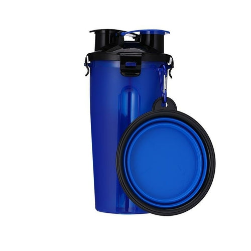 Blue water bottle with black cap and matching blue bowl 